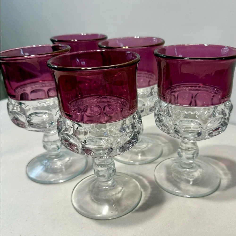 5 Tiffin-Franciscan King's Crown Thumbprint Cranberry Flash Water Goblets